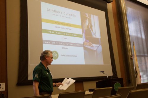 Aaron Baker, Director of Medical Services for the Cal Poly Health Center, presents to students. Photo by Erica Hudson.