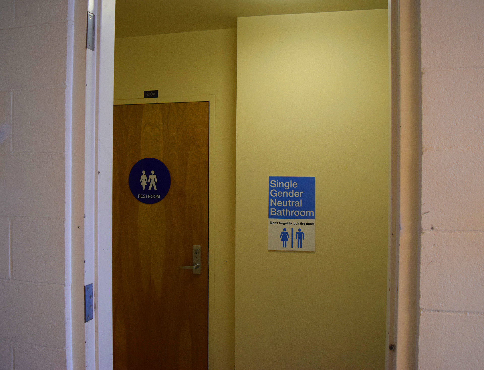 Just because there’s representation at Cal Poly doesn’t mean there isn’t controversy. Pictured here is the gender neutral bathroom in the Graphic Arts building on the Cal Poly campus. The bathroom was added in November 2017, as all single-use bathrooms on campus were updated with gender-neutral signage. The change was a response to the 2016-17 national controversy concerning gender-neutral bathrooms and the acceptance of transgender people in bathrooms of their gender. Once AB-1732 was signed into California law in 2016, public restroom signage is required to be accepting of all genders, but the change has been slow. In 2017, AB 1887 was issued, banning CSU funding or requirement of student or faculty trips to states who don’t have a similar bathroom policy or who allow discrimination based on gender or sexality. Photo Credit: Katelyn Biddle