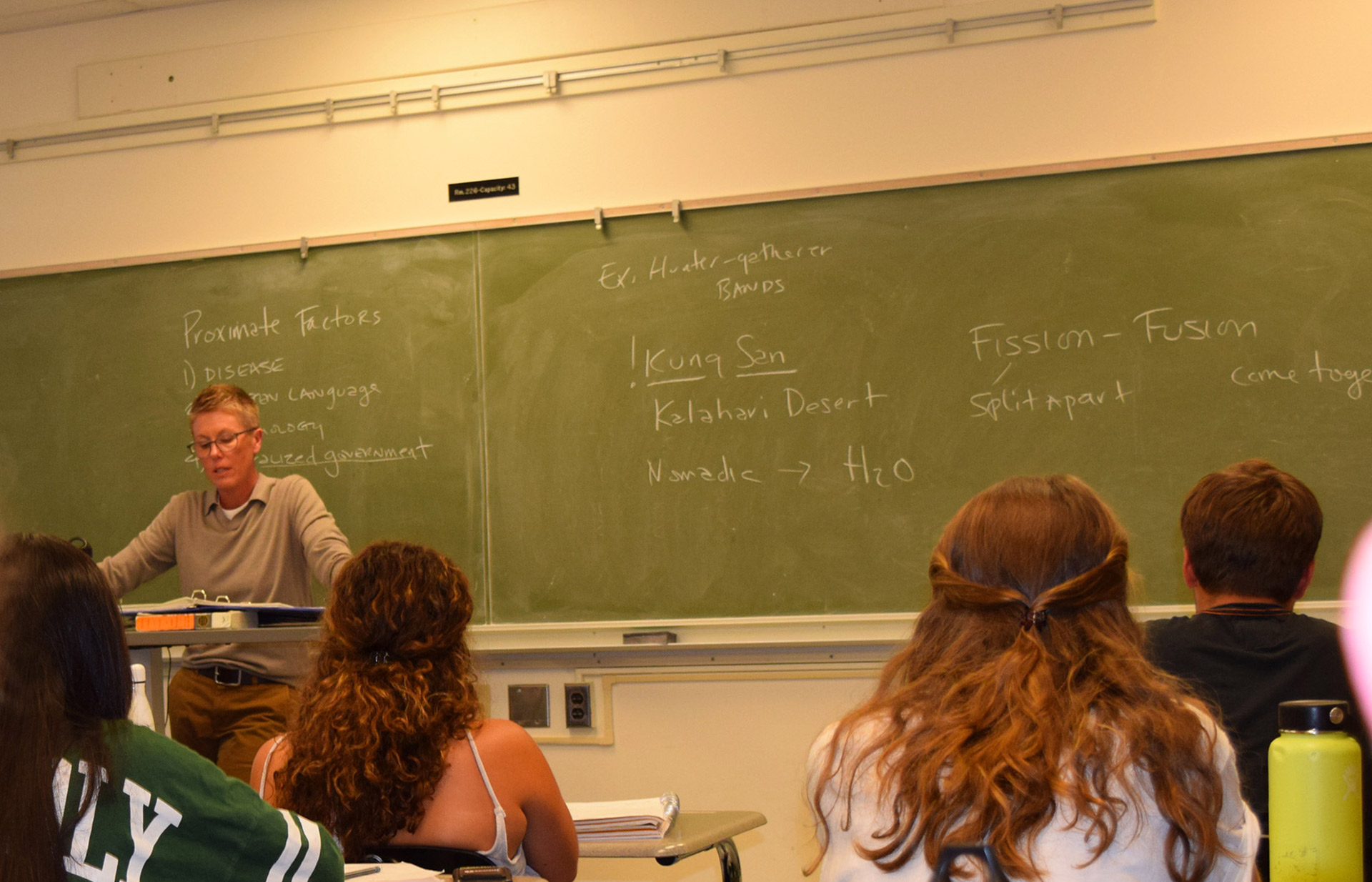 Elsewhere in the academic world of Cal Poly, LGBTQ+ people are represented in the faculty. Here, Dr. Jennifer Lewis, who identifies herself as a homosexual, teaches her Human Cultural Adaptations class on October 15, 2018. Lewis has a doctorate in Anthropology from New York University and received the Outstanding Career Achievement in Teaching by a Lecturer from the College of Liberal Arts in 2014. On the first day of classes each quarter, she introduces herself and her orientation bluntly to her students, and advocates: “Whatever makes you happy in life, do it.” Photo Credit: Katelyn Biddle