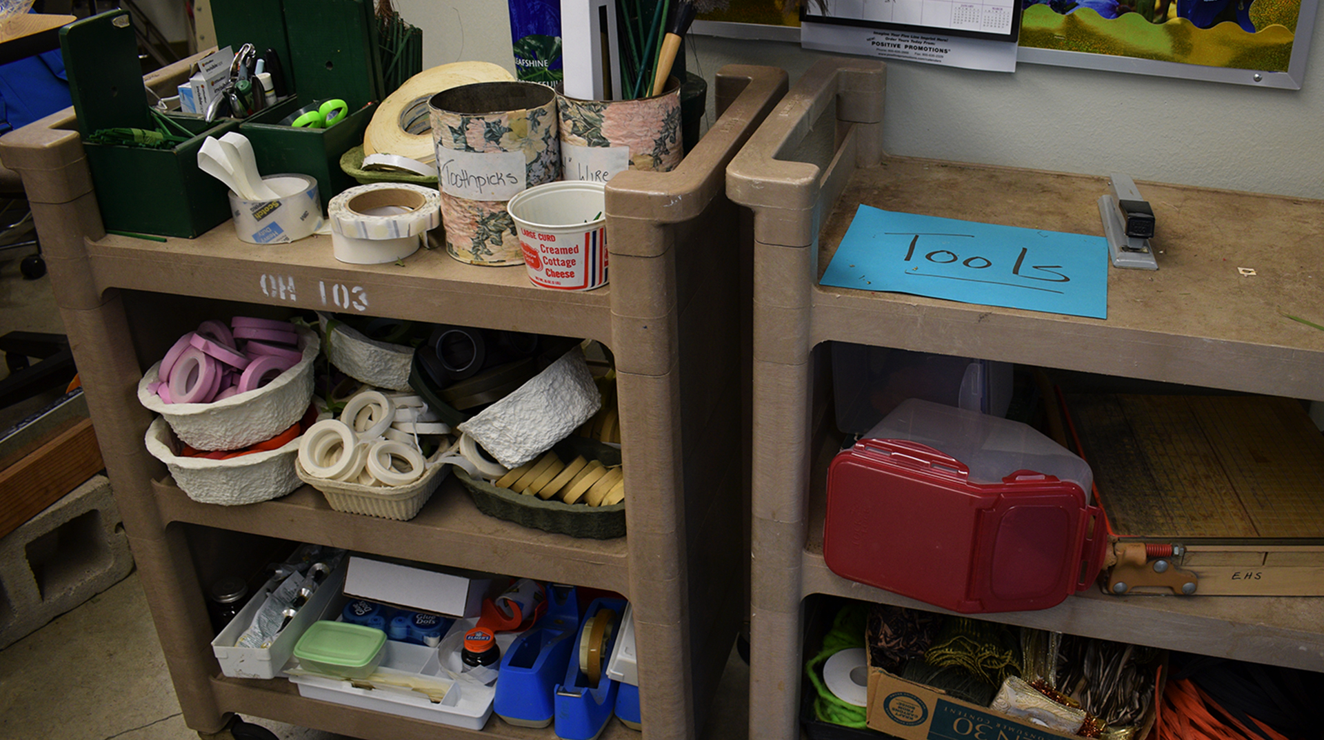 Organized: Shelves of tools can be found around the classroom found in Building 11, as the
students have access to whatever they need to make their masterpieces, from masking tape to toothpicks. February 9th, 2017.