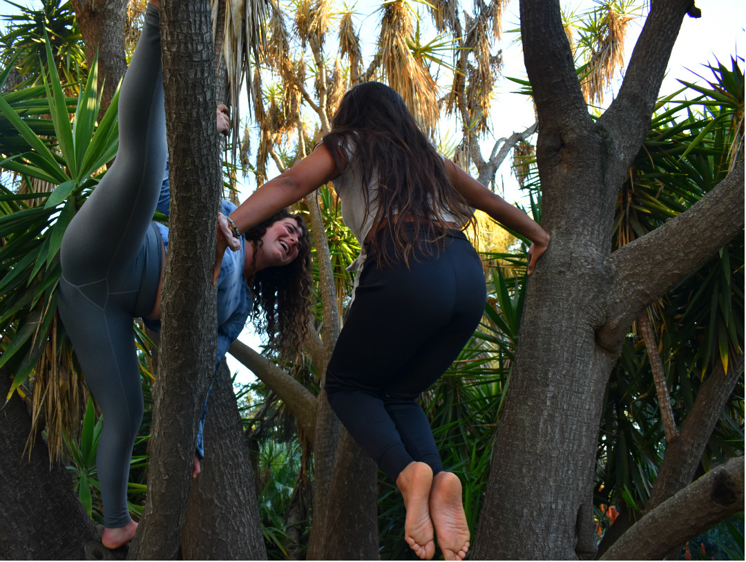 Nutrition Science junior Maya Smigel joins Jamie in tree yoga. The two friends met through Cal Poly yoga club. Jamie has been practicing yoga for four years, while Maya has been practicing yoga almost her entire life. “Tree yoga is just so much fun,” Smigel said while laughing in her yoga pose.